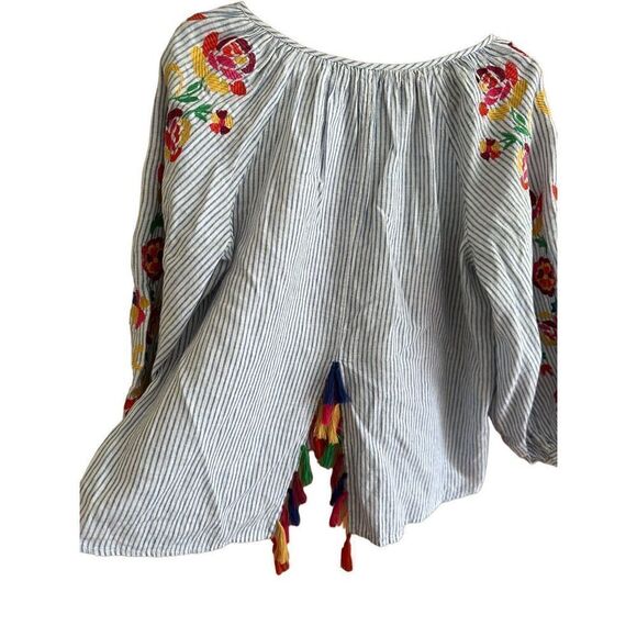 New Chelsea & Theodore Blue Chambray Stripe Embroidered White Top linen blend Wo - Picture 5 of 11